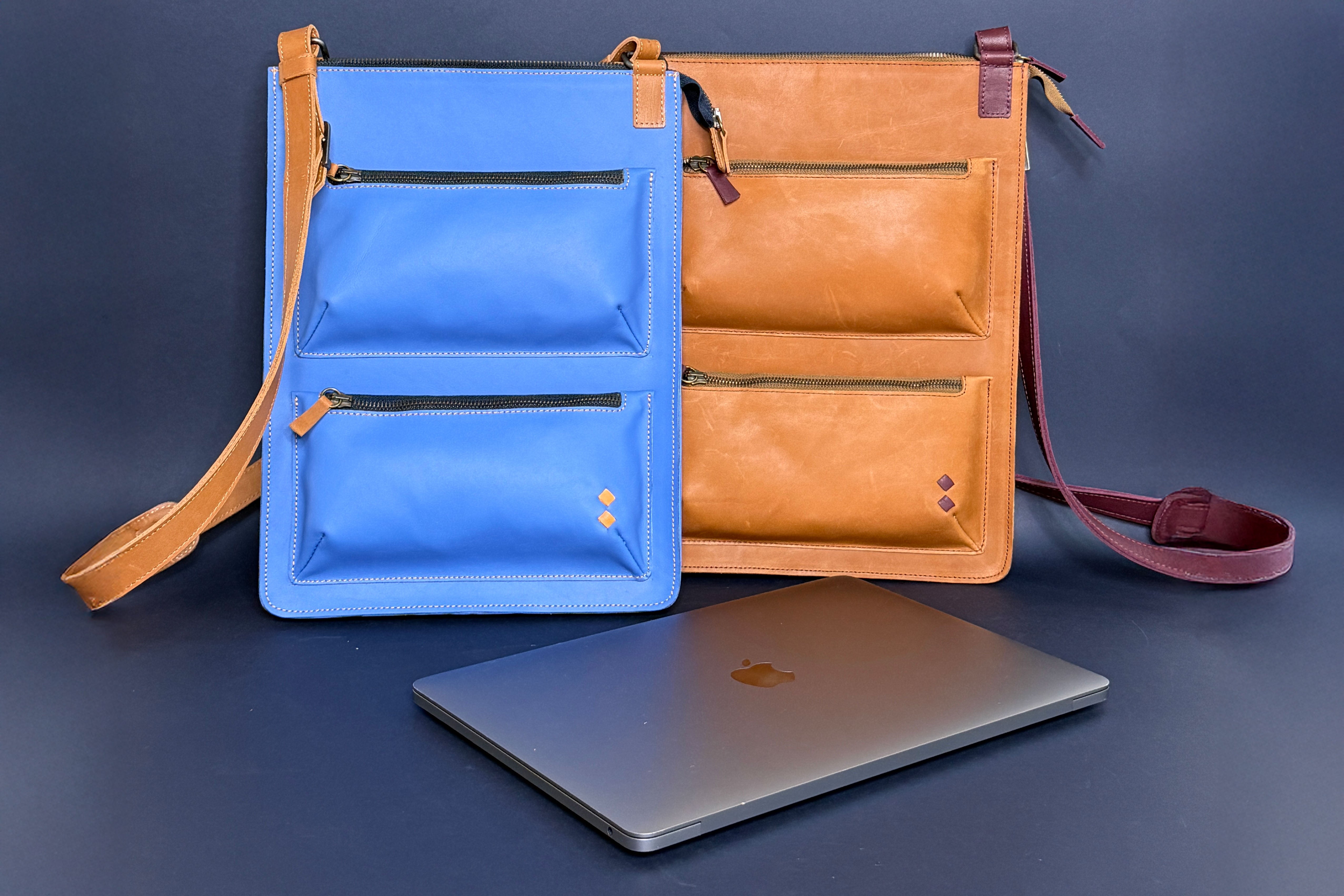Karine’s laptop leather bag, blue and havane